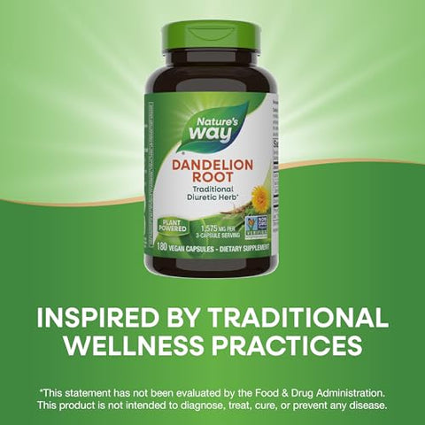 Nature's Way - Nature’s Way Dandelion Root – Diurético Tradicional, Vegano, 180 Cápsulas (Embalagem Pode Variar)