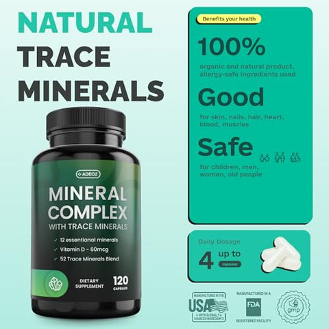 ADEO2 - Complexo Premium de 52 Minerais Traços com Minerais Essenciais em Forma Quelatada – 100% Natural e Orgânico – 120 Cápsulas – Mistura de Minerais Iônicos de Espectro Completo – Seguro para