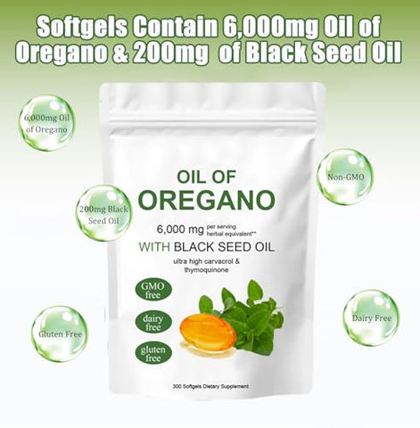 YILIXI - Óleo de Orégano Softgels, 2 em 1 6000mg Óleo de Orégano com Óleo de Semente Preta 200mg, Cápsulas de Suplemento de Óleo de Orégano, Sem GMO, Sem Glúten, 300 Cápsulas Softgel