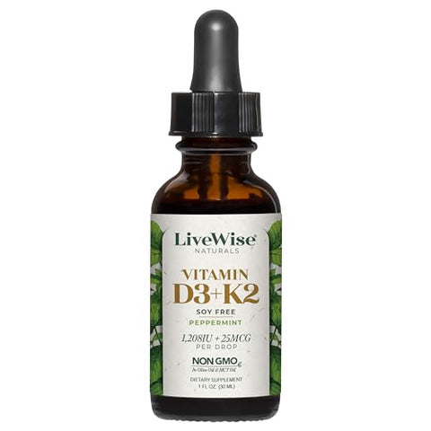 Live Wise Naturals - Vitamina D3 com K2 Líquida, Natural, Não GMO, 1208UI D3 e 25mcg K2 (MK7) por Porção, Fortaleça seus Ossos, Sistema Imunológico e Níveis de Energia, com ou sem Hortelã-Pimenta