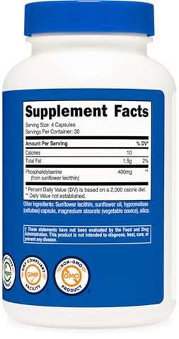Phosphatidylserine 400mg – 120 Cápsulas | Livre de Soja, 30 Porções | Amigável para Vegetarianos, Não-OGM, Sem Glúten - Nutricost