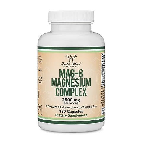 Double Wood Supplements - Magnésio Complexo 180 Cápsulas (436mg de Magnésio Elemental Fornecido por 2.300mg de Oito Formas Diferentes de Magnésio) MAG-8 Oferece 100%% do Valor Diário Recomendado de
