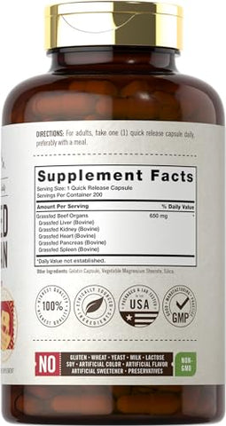 Complexo de Órgãos de Carne Bovina Alimentada com Capim | 200 Cápsulas | Suplemento Livre de Grãos, com Fígado, Rim, Pâncreas, Coração, Baço Desidratados | Não-OGM, Sem Glúten | por Carlyle - Carlyle