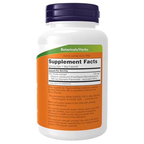 Extrato de Cardo Mariano 750 mg Silimarina (600 mg), Máxima Potência – 90 Cápsulas Vegetais - NOW Foods