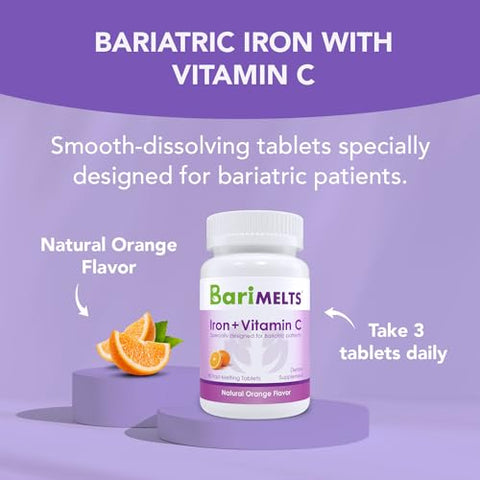 Suplemento de Ferro com Vitamina C – 1 Mês de Fornecimento (90 Comprimidos de Dissolução Rápida) – Vitaminas Pós-Operatórias para Bariátrica - BariMelts
