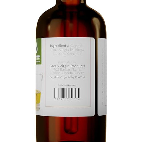 Green Virgin Products - Óleo de Moringa Orgânico, Extra Virgem, Prensado a Frio, 100% Puro, Grau Alimentício