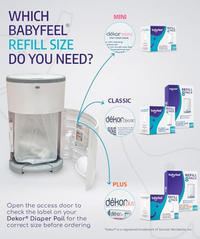 Babyfeel - Refis Compatíveis com DEKOR PLUS Lixeiras de Fraldas | 4 Pacotes | Espessura Extra Exclusiva 30%% | Refis para Lixeiras de Fraldas com Poderosa Eliminação de Odores | Fragrância de Pó Fresco | Capacidade de até