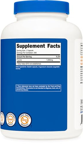 Taurina 1000mg Cápsulas, 240 Unidades por Frasco, Sem OGM - Nutricost