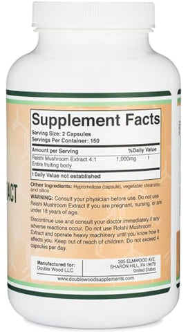 Double Wood Supplements - Cápsulas de Cogumelo Reishi (Extrato de Ganoderma 4:1, 1.000mg de Pó de Reishi Vermelho) 300 Unidades, Suprimento de 5 Meses, Suplemento Potente de Cogumelo para Suporte e Defesa do Sistema Imunológico