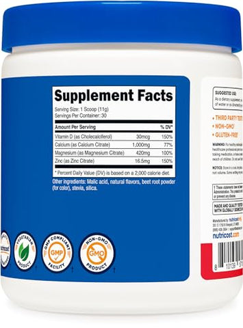 Cálcio Magnésio Zinco com Vitamina D3 em Pó, 30 Porções (Sabor Frutas Vermelhas) – Cálcio (1000 MG) Magnésio (420 MG) Zinco (16.5 MG) Vitamina D3 (30 MCG) – Livre de Glúten, Não-OGM - Nutricost