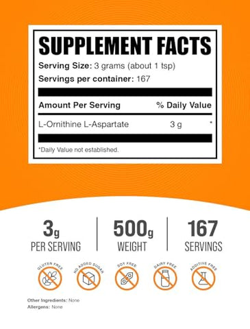 com L-Ornitina L-Aspartato em Pó – Suplemento de Ornitina, Pó de Ornitina – Suplemento de Aminoácidos, Sem Glúten, 3g por Porção, 500g (1,1 lbs) (Pacote de 1) - BulkSupplements