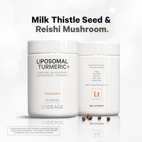 Suplemento Orgânico de Cúrcuma – 95% Extrato de Curcumina em Cápsulas – Mistura Botânica Lipossomal Fermentada de Pimenta-do-Reino, Ashwagandha, Gengibre, Stephania, Boswelia, Cominho, Digestivo – 60 Cápsulas - Codeage