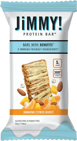 JIMMYBAR - JiMMY’S Immune! Barra de Suporte Imunológico Citrus Blast – 12 Unidades – Barra de Proteína com Ingredientes Fortificantes Imunológicos: Vitamina C, Cúrcuma, Laranja, Manga, Acerola e Amêndoas