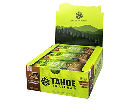 Barra Energética Natural à Base de Plantas (Barra de Proteína de 62,8g, 12 Unidades) Alto Teor de Proteína, Sem OGM, Sem Glúten, Vegano – Snacks Saudáveis de Manteiga de Amendoim e Chocolate - Tahoe Trail Bar