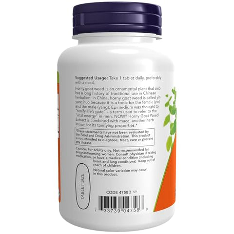 Suplementos, Extrato de Horny Goat Weed 750 mg + 150 mg de Maca Root, Erva Tonificante*, 90 Comprimidos, para Saúde Sexual - NOW Foods
