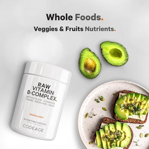 Raw Vitamin B-Complex – Vitaminas B Essenciais com Probióticos, Enzimas Digestivas e Frutas | 60 Cápsulas - Codeage