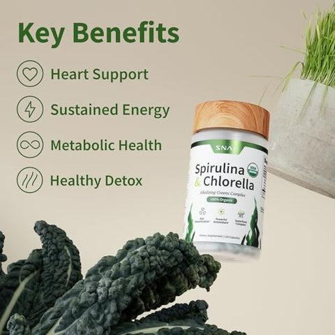 Spirulina Chlorella Orgânica USDA – Cápsulas de Superfoods Verdes para Energia Natural e Saúde Metabólica, 120 Cápsulas - Snap Supplements