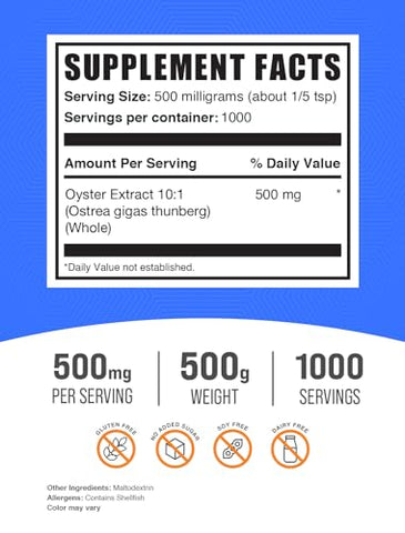 Oyster Extract Powder BulkSupplements.com – Suplemento de Ostra em Pó, das Conchas Inteiras de Ostra – Livre de Glúten, 500mg por Porção, 500g (1.1 lbs) (Pacote de 1)