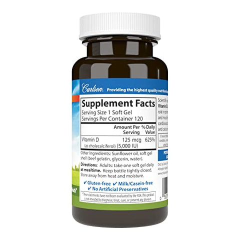 Vitamina D3 5000 UI (125 mcg), Saúde Óssea, Saúde Muscular, Colecalciferol, Suplementos de Vitamina D, Cápsulas Softgel de Vitamina D3, 120 Softgels - Carlson