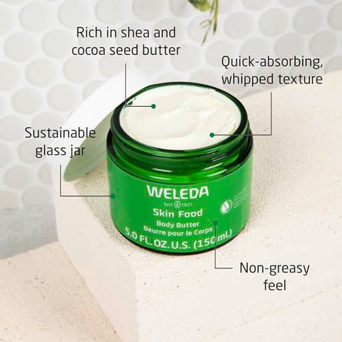 Skin Food Body Butter 150ml, Pote de Vidro Sustentável, Hidratante Rico em Plantas com Manteiga de Karité e Cacau, Óleo de Amêndoa Doce e Pensamento - Weleda