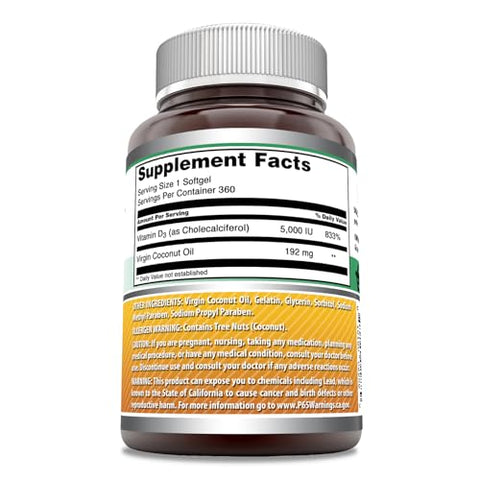 Amazing Nutrition - Amazing Formulas Vitamina D3 em Óleo de Coco | 5000 UI | 360 Softgels | Não-OGM | Sem Glúten | Fabricado nos EUA