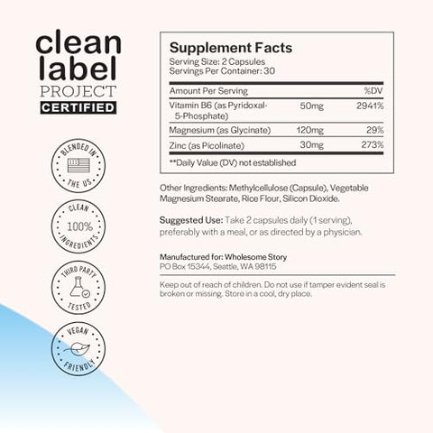 Wholesome Story - Suplementos de Zinco Picolinato e Magnésio Glicinato 3 em 1 com Vitamina B6 | Vitaminas de Magnésio e Zinco | Reprodutivo