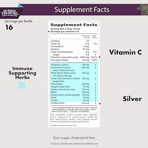 ACF Suporte Imunológico – 473 ml, 16 Porções, Vitamina C, Sabugueiro, Zinco, Reforço Imunológico Líquido com Vitaminas e Minerais c/ Copo Dosador - Buried Treasure