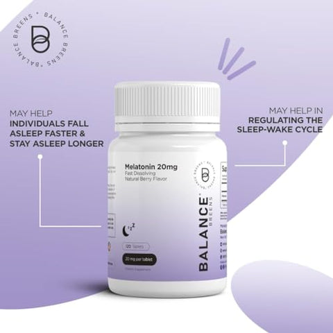 Melatonina 20mg, 100% Livre de Medicamentos, Sabor Natural de Frutas Vermelhas – 120 Comprimidos de Dissolução Rápida – Experimente Noites Serenas e Repousantes – Encontre Sua Calma, Abrace o Relaxamento - Balancebreens