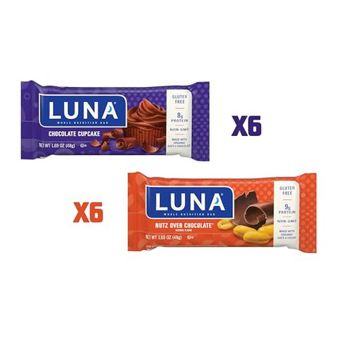 Luna Bar - LUNA Bar – Pack Sortido – Nutz Over Chocolate e Chocolate Cupcake – Sem Glúten – Não-OGM – 8-9g Proteína – Feito com Aveia Orgânica – Baixo Índice Glicêmico – 1,69 oz (12 Unidades)
