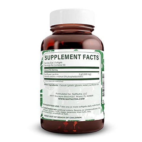 Suplemento Natural Nutra Lecitina de Girassol 2000 mg – Livre de Soja, Não-OGM, Sem Glúten 120 Softgels | Suporte à Função Hepática, Estimulante da Saúde Cerebral, Memória