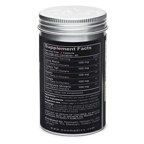 Noomadic - Mushroom Total 60 Cápsulas 500mg 30%% Beta Glucanos Complexo Adaptogênico de Cogumelo do Leão, Cauda de Peru, Chaga, Reishi, Cordyceps, Extrato em Água Quente, Corpos Frutíferos