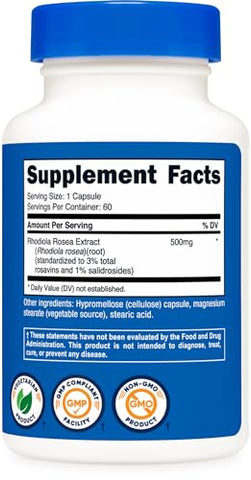Rhodiola Rosea 500mg – 60 Cápsulas Vegetarianas – Livre de Glúten e Não-OGM – Suplemento de Rhodiola Rosea - Nutricost