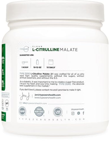 Clean L-Citrulline Malate 2:1 Pó para Bebida (500g, Sem Sabor) (83 Porções) – Amigável ao Keto, Sem Glúten, Não-OGM - Type Zero