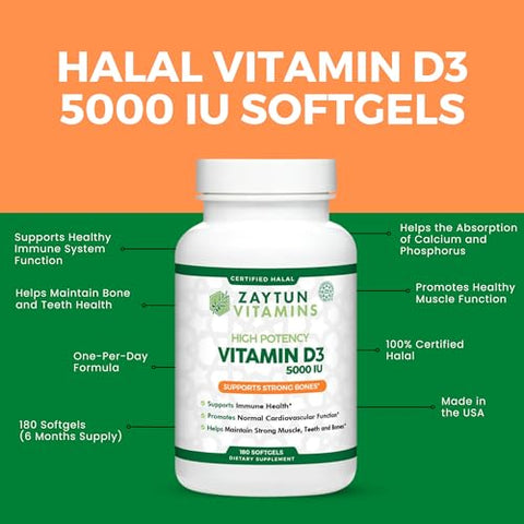 Zaytun Vitamins - Zaytun Halal Vitamina D3 5000 UI, 180 Mini Softgels, Suporte para ossos, Função muscular saudável