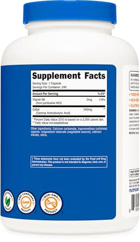 GABA (Ácido Gama-Aminobutírico) Vitamina B6, 500mg por Porção, 240 Cápsulas - Nutricost