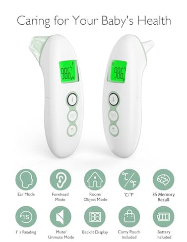 Termômetro Digital Infravermelho Momcozy para Testa e Ouvido, sem Contato, para Adultos e Crianças, com Modo Infantil, Função de Alarme de Febre, Silencioso e Memória, Rápido – [Marca do Produto]