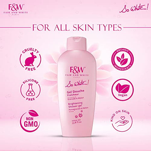 FAIR & WHITE - Gel de Banho Hidratante Diário So White Refreshing Brightening – 1000ml – Com Romã – Fair and White