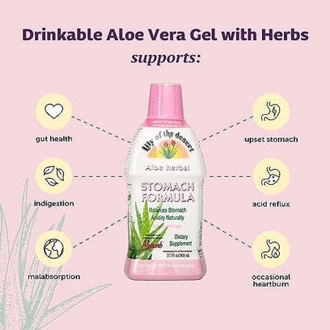 Fórmula Estômago, Suco Orgânico de Aloe Vera com Ulmus Rubra, Camomila, Hortelã-Pimenta e Gengibre para Saúde Intestinal, Alívio de Refluxo Ácido e Azia, 32 ml - Lily Of The Desert