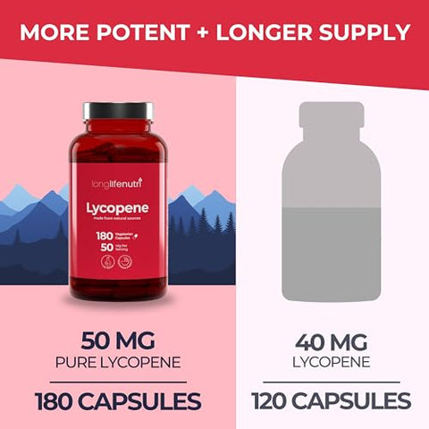 LongLifeNutri - Lycopene 50mg 180 Cápsulas Vegetarianas | Suplemento Saúde | Extrato Natural de Tomate Não-OGM | Pó Puro