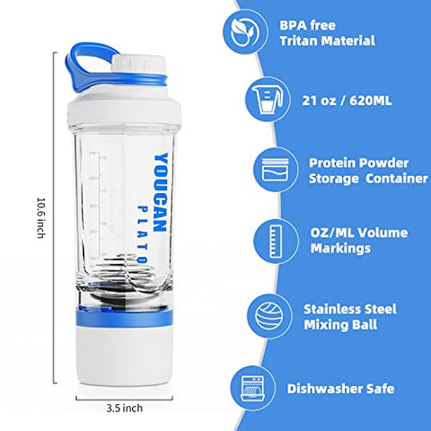 youcanplato - Garrafa de Proteína 600ml com Compartimento para Pó – Shaker para Shake de Proteína – Garrafa Pré-Treino – Mixer para Academia – Garrafa Esportiva – Feita com Tritan Livre de BPA, com Fio