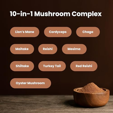NutraChamps - Pó de Cogumelo Orgânico – Complexo 10 em 1 – Leão da Montanha, Reishi, Shiitake, Chaga, Cauda de Peru, Cordyceps, Maitake