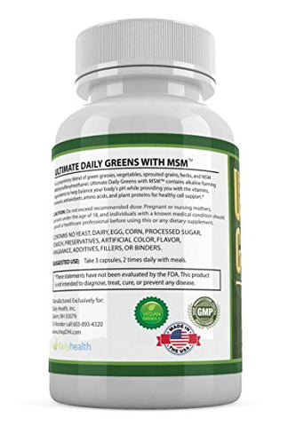 Daily Health - Ultimate Greens com MSM 1925mg – Ingredientes Naturais Veganos, Superalimento Vegetal Nutricional Alcalinizante para Suporte Imunológico e Energético – 180 Cápsulas (1 Mês de Suprimento)