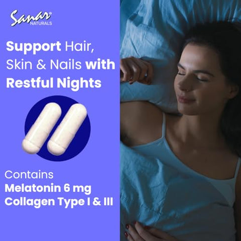 Colágeno em Cápsulas Beauty Sleep com Melatonina 6 mg – Fortalece Cabelos, Pele, Unhas e Articulações – Colágeno Hidrolisado para Mulheres e Homens, Suplemento de Peptídeos de Colágeno, 150 Cápsulas - Sanar Naturals