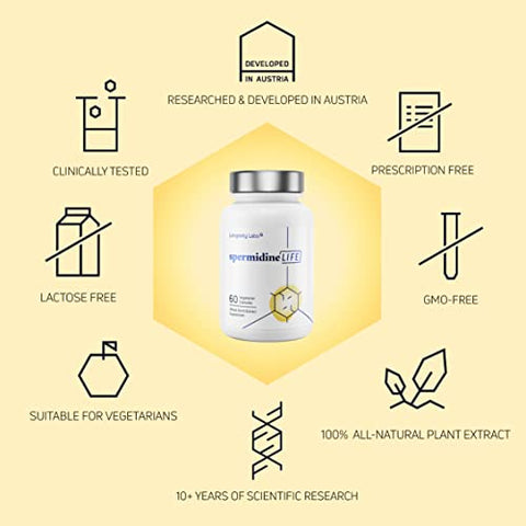 LONGEVITY LABS + - spermidineLIFE: Suplemento Natural à Base de Plantas, Extrato de Germe de Trigo com Alto Teor de Spermidina e Zinco para Renovação Celular, Vegano, 60 Cápsulas