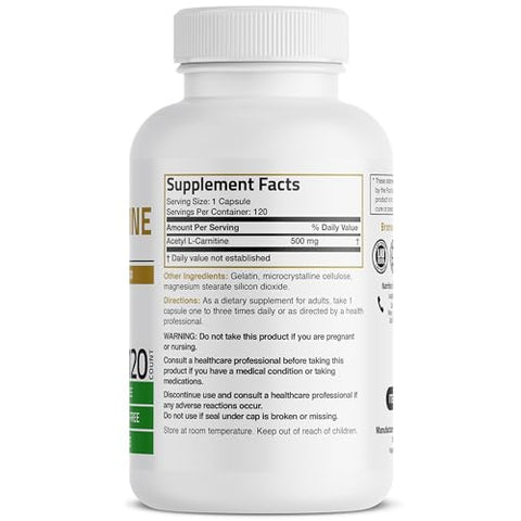 Acetyl L-Carnitine 500 MG – Aminoácido de Alta Potência, 120 Cápsulas - Bronson