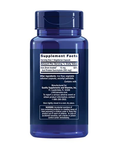 Iron Protein Plus: Suplemento de ferro proteico succinilato, absorvível para saúde integral, sem OGM, sem glúten, vegetariano, 100 cápsulas - Life Extension