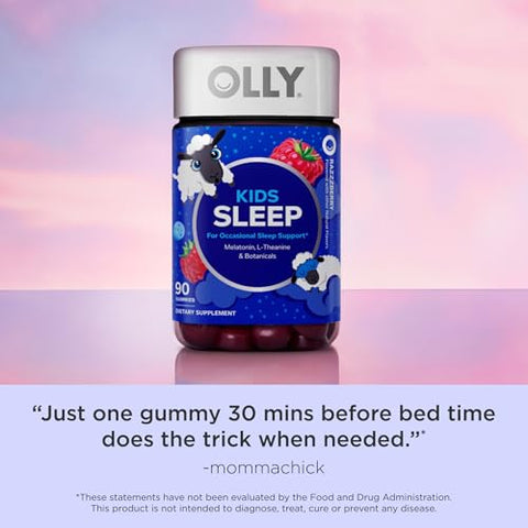 Kids Sleep Gummy – Suporte ocasional ao sono, 0,5mg Melatonina, L Teanina, Extratos de Camomila e Melissa, Suplemento mastigável infantil, Sabor Framboesa – 90 unidades - OLLY
