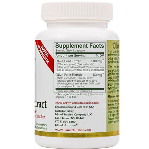 Island Nutrition - Extrato de Folha de Oliveira em Cápsulas – 25%% Oleuropeína (40%% Polifenóis Totais), Mais Complexo de 20%% de Hidroxitirosol – 100%% Cultivado