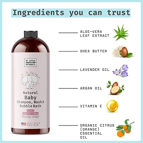 Shampoo de Bebê My Little North Star, Sabonete 3 em 1 Suave da Cabeça aos Pés, Banho de Corpo e Shampoo de Bebê Natural e Banho de Bolhas de Bebê (Baunilha Shea 2 Pacotes)