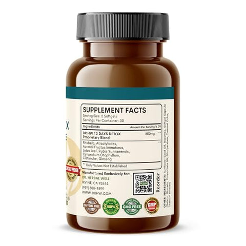 DR. HERBAL WELL - 10 Dias Detox Natural Cleanse com Facilidade – 60 Mini Softgels
